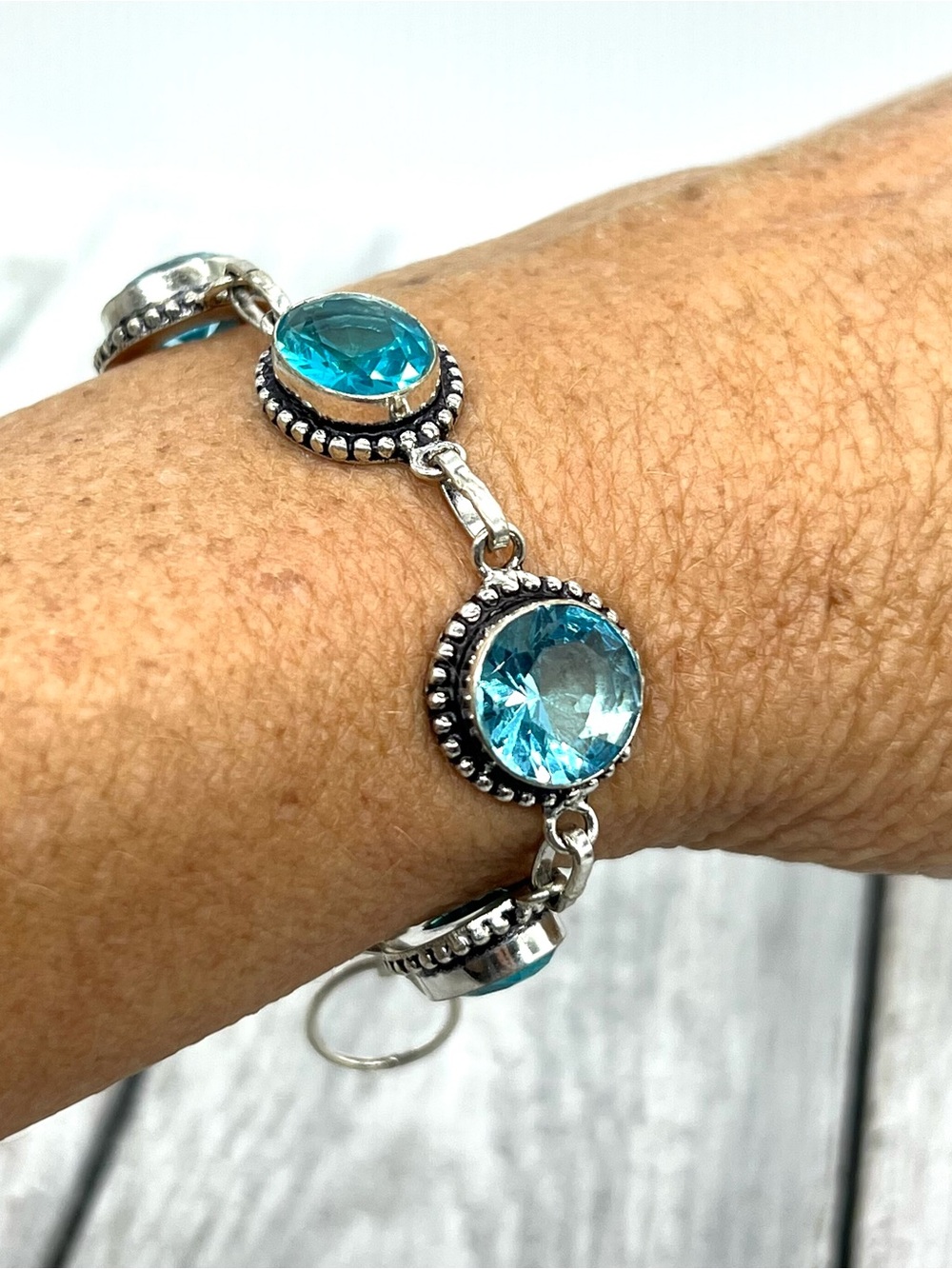 346. Blue Topaz Sterling 925 Link Bracelet - 7” to 7 3/4” - Picture 6 of 9